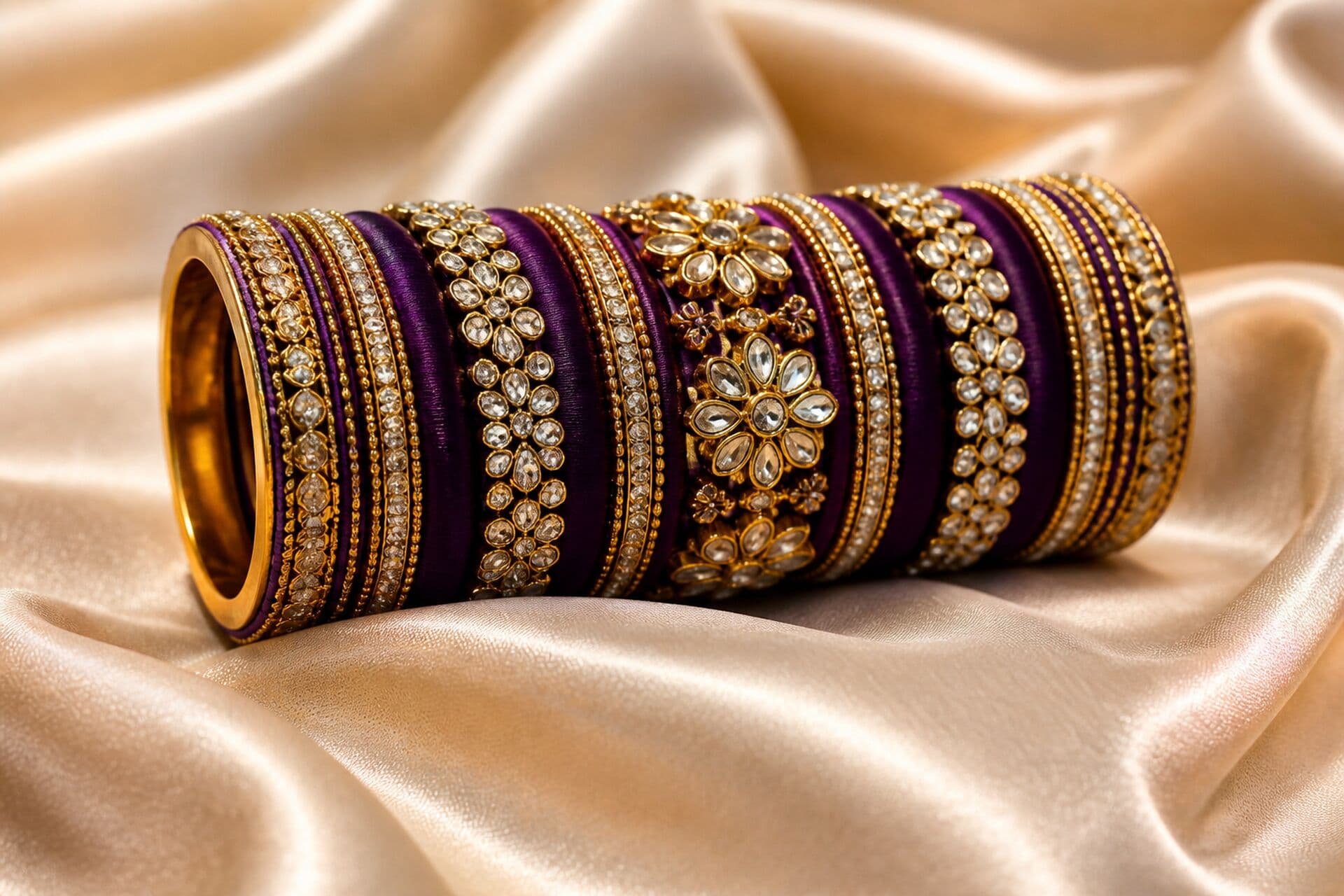 Violet silk and gold crystal bridal bangle stack